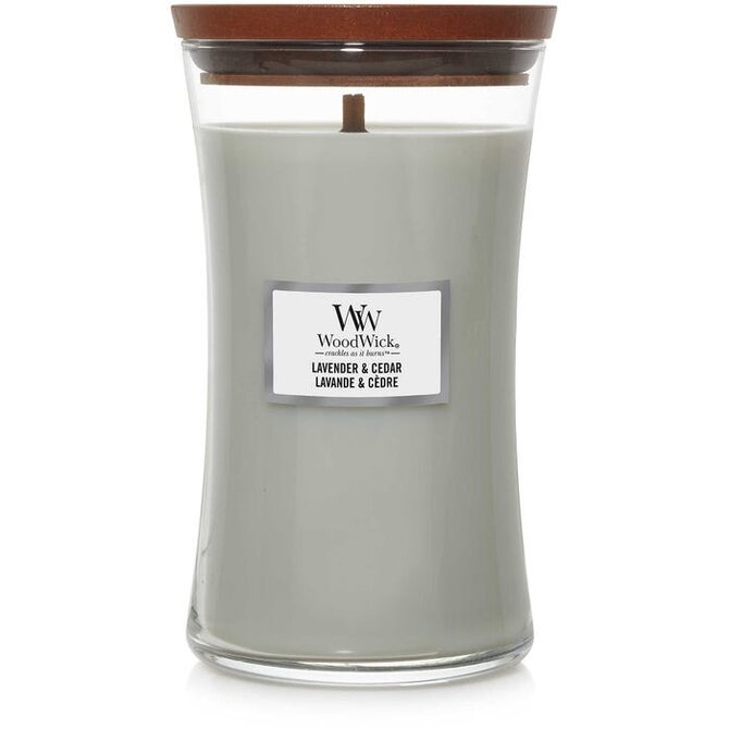 WoodWick vonná svíčka s dřevěným knotem velká Lavender & Cedar 609g Šedá
