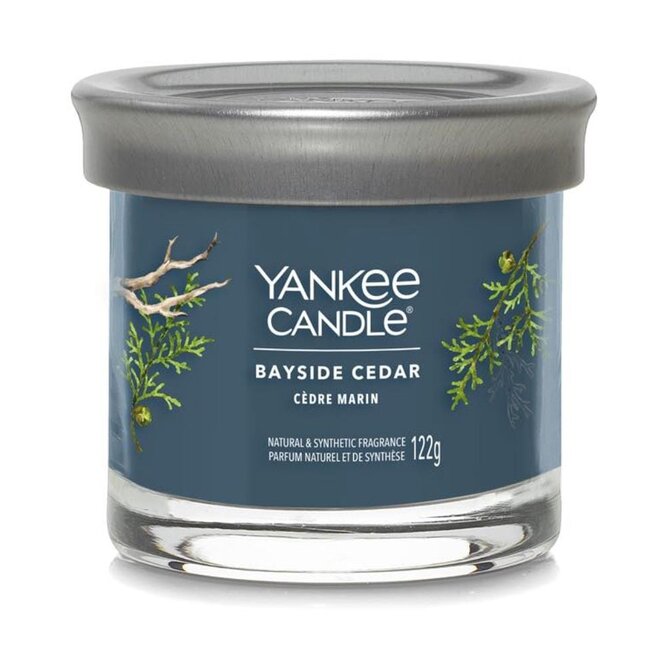 Yankee Candle vonná svíčka Tumbler ve skle malá Signature Bayside Cedar 122g Modrá