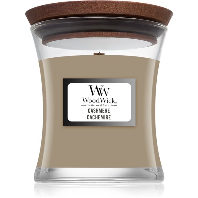 WoodWick vonná svíčka s dřevěným knotem malá Cashmere 85g Krémová