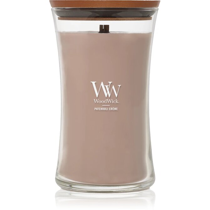 WoodWick vonná svíčka s dřevěným knotem velká Patchouli Creme 609 g