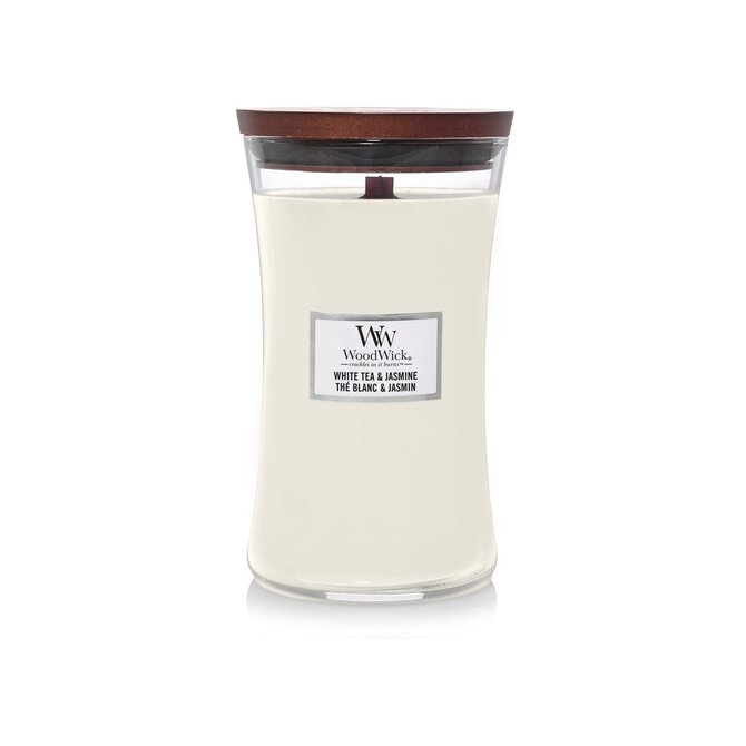 WoodWick vonná svíčka s dřevěným knotem velká White Tea & Jasmine 609 g Bílá