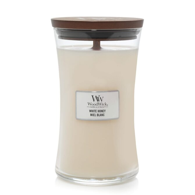 WoodWick vonná svíčka s dřevěným knotem velká White Honey  609g Krémová