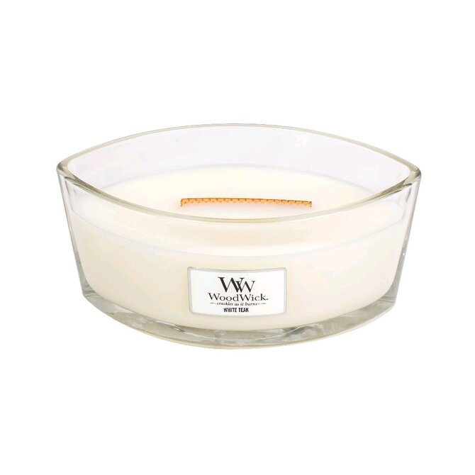 WoodWick vonná svíčka s dřevěným knotem Elipsa White Teak 453,6 g Bílá