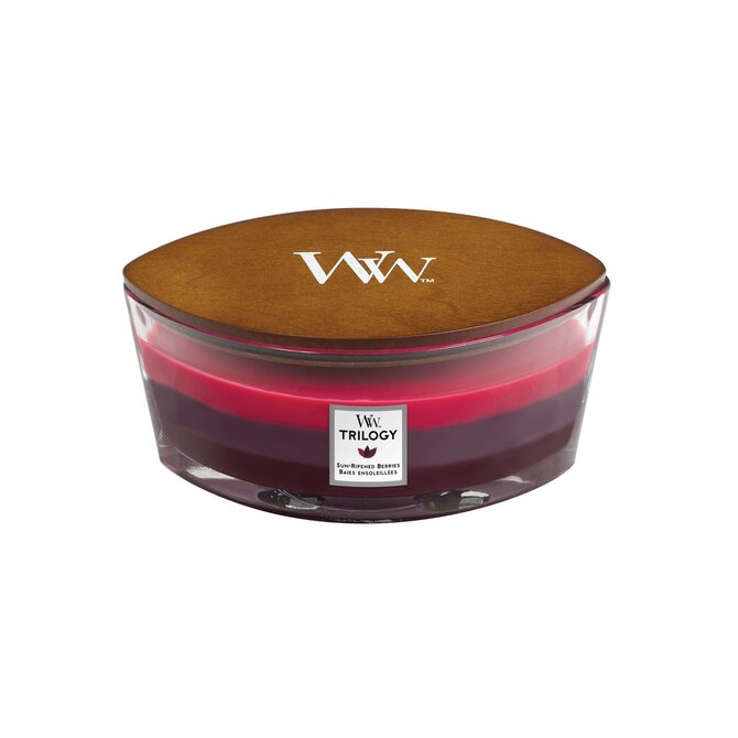 WoodWick vonná svíčka s dřevěným knotem Elipsa Trilogy Elipsa Sun-Ripened Berries 453,6 g Fialová