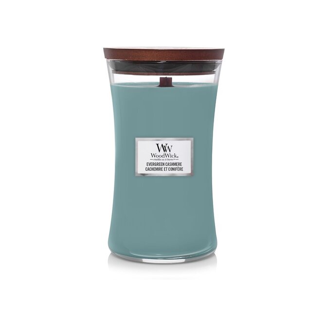 WoodWick vonná svíčka s dřevěným knotem velká Evergreen Cashmere 609 g Modrá
