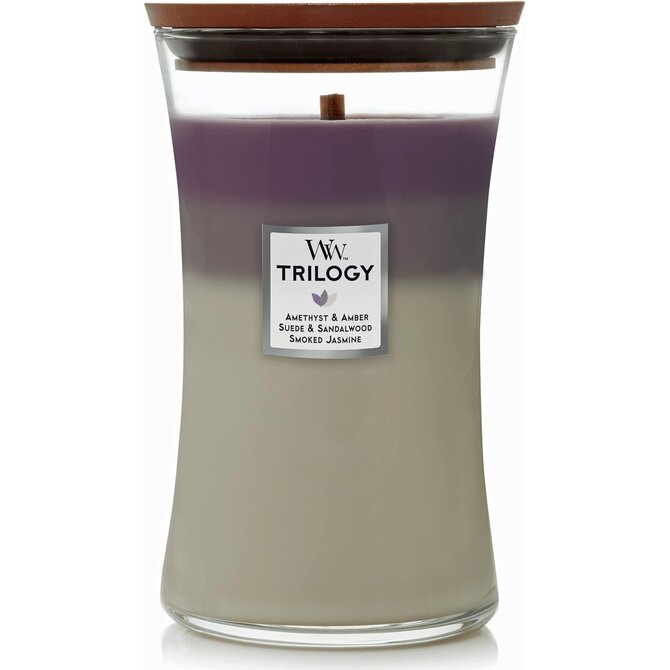 WoodWick vonná svíčka s dřevěným knotem velká Trilogy Amethyst Sky 609 g Fialová