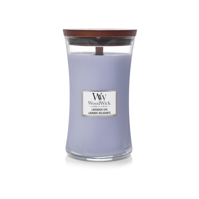 WoodWick vonná svíčka s dřevěným knotem velká Lavender Spa 609 g Červená