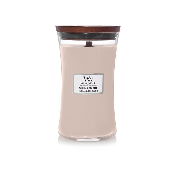 WoodWick vonná svíčka s dřevěným knotem velká Vanilla & Sea Salt 609 g Růžová