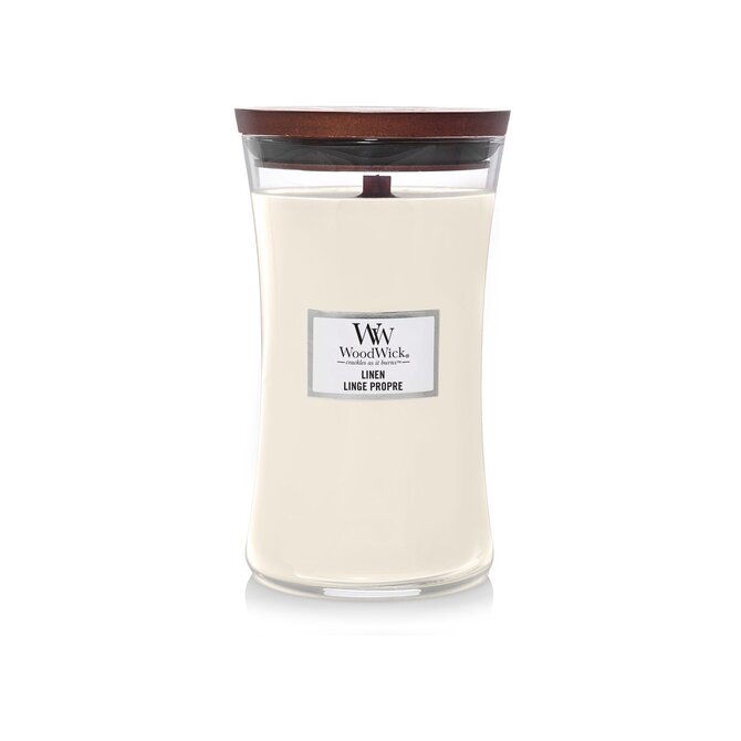 WoodWick vonná svíčka s dřevěným knotem velká Linen 609 g Bílá