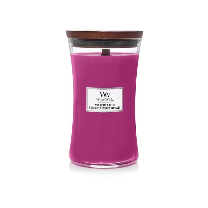 WoodWick vonná svíčka s dřevěným knotem velká Wild Berry & Beets 609 g Růžová