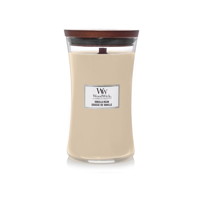 WoodWick vonná svíčka s dřevěným knotem velká Vanilla Bean 609 g Krémová