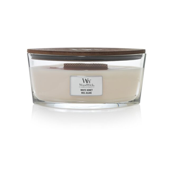 WoodWick vonná svíčka s dřevěným knotem Elipsa White Honey 453,6 g Krémová
