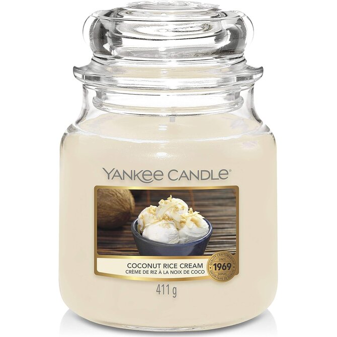 Yankee Candle vonná svíčka Classic ve skle střední Coconut Rice Cream 411 g Krémová
