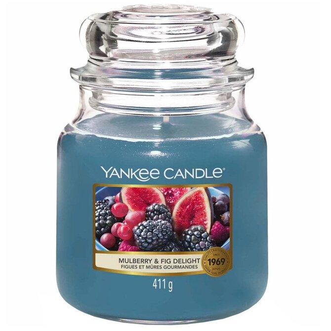Yankee Candle vonná svíčka Classic ve skle střední Mulberry & Fig Delight 411 g Modrá