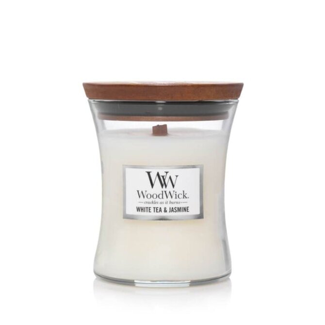 WoodWick vonná svíčka s dřevěným knotem střední White Tea & Jasmine 275g Bílá