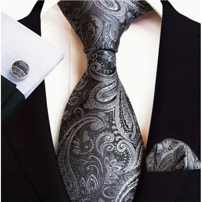 Manžetové knoflíčky s kravatou - Aithér Černá, 100% silk