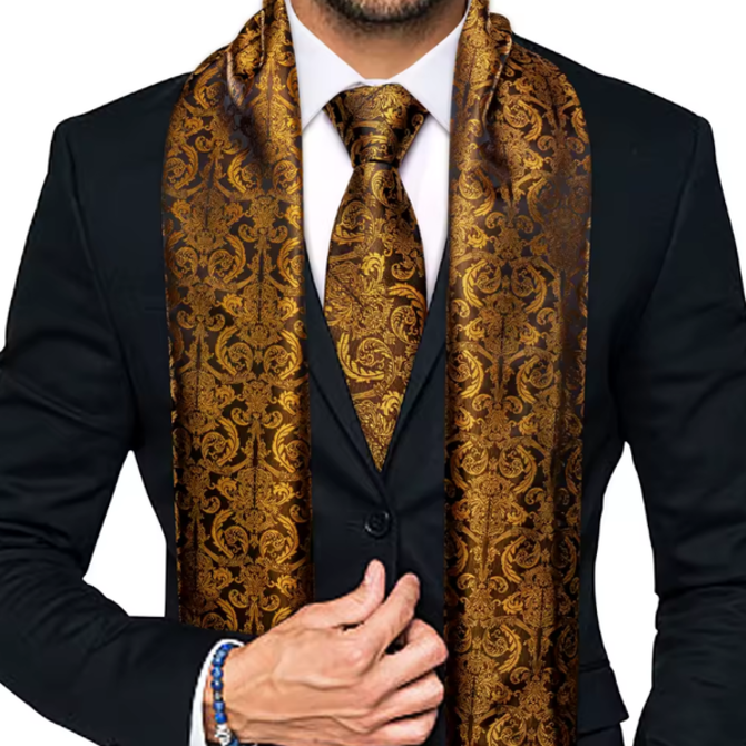 Manžetové knoflíčky s kravatou a šálou Zlatá, 100% silk