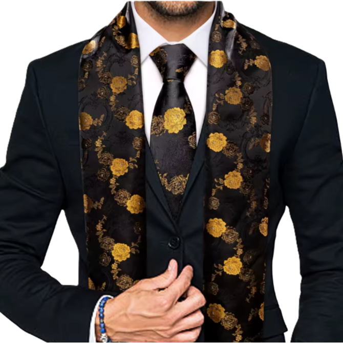 Manžetové knoflíčky s kravatou a šálou kvetinový vzor Zlatá, 100% silk