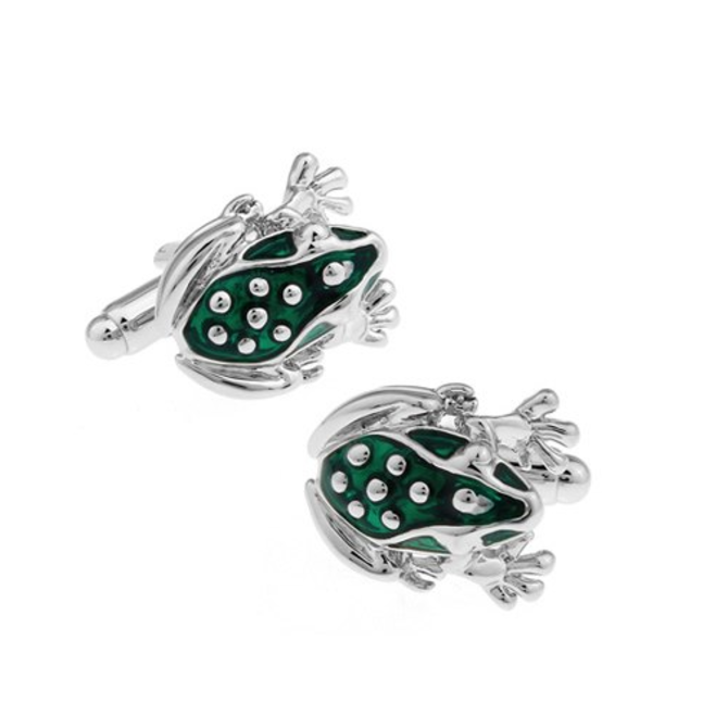 Manžetové knoflíčky žába silver Zelená, Ocel