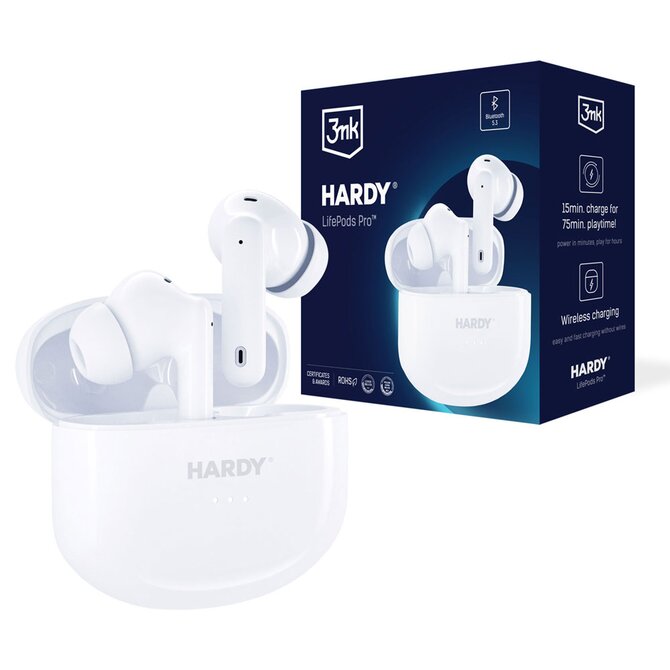 bezdrátová stereo sluchátka HARDY LifePods Pro, stereo, nabíjecí pouzdro, bílá
