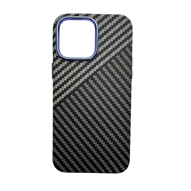 Vzorovaný carbonový kryt pro iPhone 13 PRO MAX - Šedý s modrým okrajem -