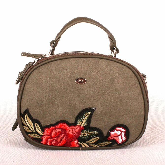 Zelenohnědá (khaki) kabelka do ruky David Jones 5645-1 s výšivkou květin zelená, syntetická kůže