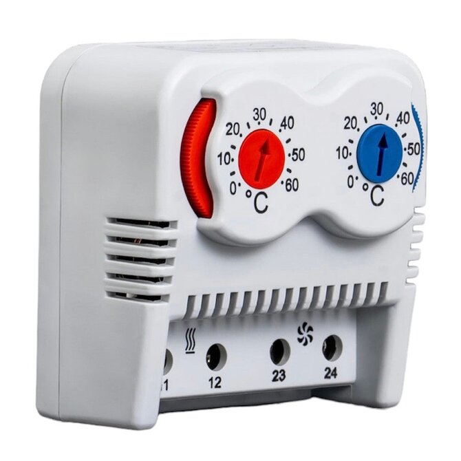 Duální / dvojitý bimetalový termostat NC+NO spínací, rozsah 0-60°C Plastim