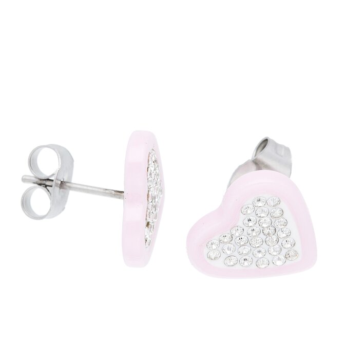 Ewena Náušnice srdíčka s kamínky z chirurgické oceli Pink