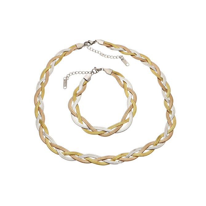 Ewena Dámský plochý náhrdelník s náramkem z chirurgické oceli tricolor KM1320