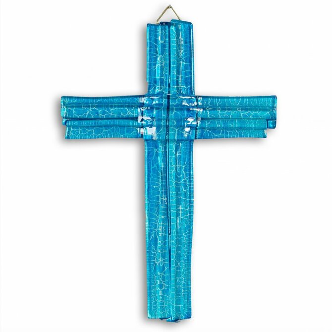 WAGA - Skleněný kříž na stěnu modrý vrstvený malý